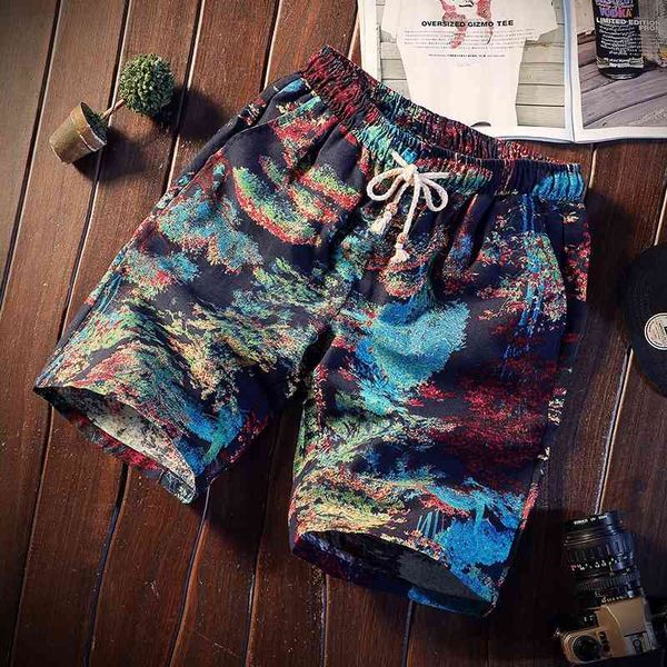 

men's shorts k67 still summer korean floral beach capris casual pants, White;black