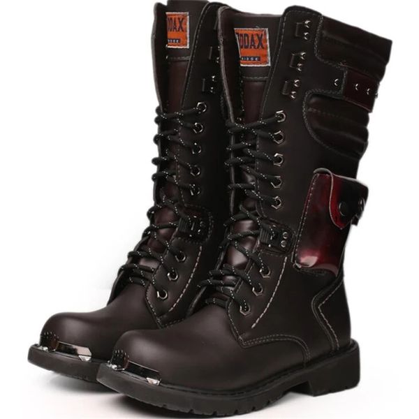 

men knee high leather boots winter male motorcycle boots gothic punk shoes mens outdoor military casual tooling, Black