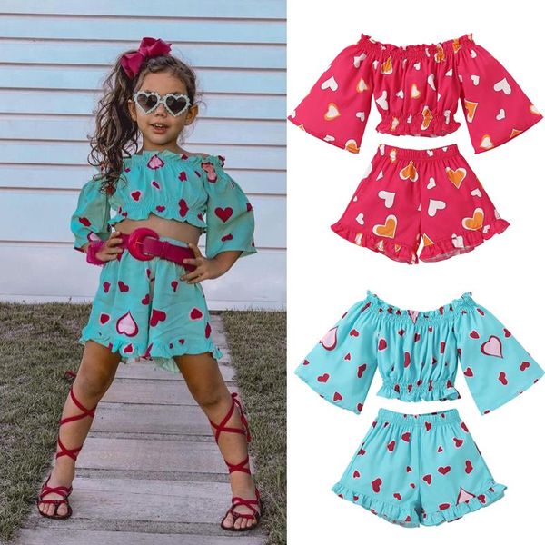 Kleidung Sets Mode Sommer Kinder Mädchen Valentines Kleidung 2-7Y Herz Gedruckt Off Schulter T Shirts Tops Hohe Taille ShortsKleidung