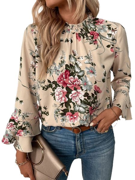 

floral print frill trim blouse h6qv#, White