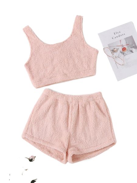 

fluffy knit flannel tank with shorts lounge set y7pg#, Black;red