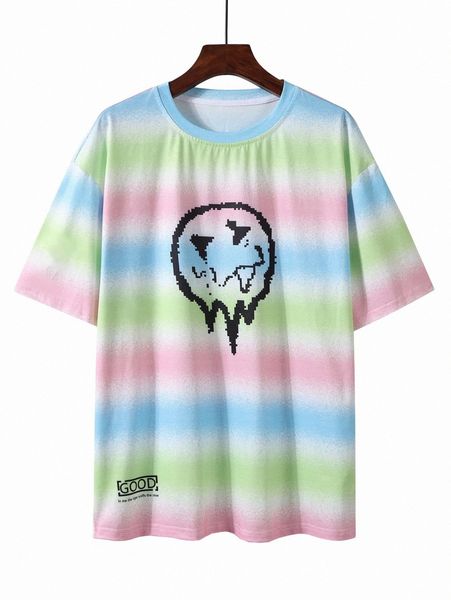 

men letter & cartoon face print drop shoulder ombre tee d4lt#, White;black