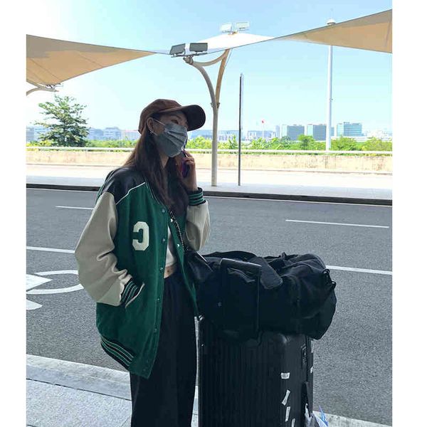 

women's jackets sweet and cool vibe american baseball suit women's splicing loose fashion round neck single breasted jacket coat 1, Black;brown