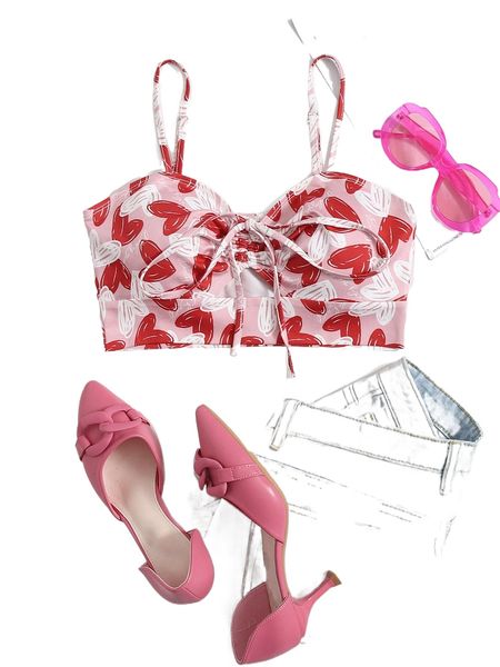 

heart print cut out tie front cami s8mk#, White