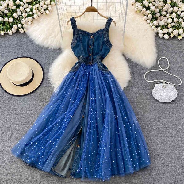 

casual dresses super fairy gentle style suspender skirt with thin waist, glittering sequin mesh splicing single breasted denim dress ne8p, Black;gray
