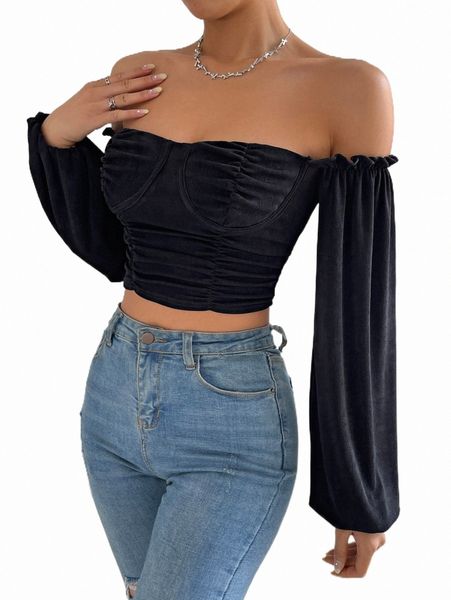

off shoulder bishop sleeve ruched crop blouse v7gj#, White