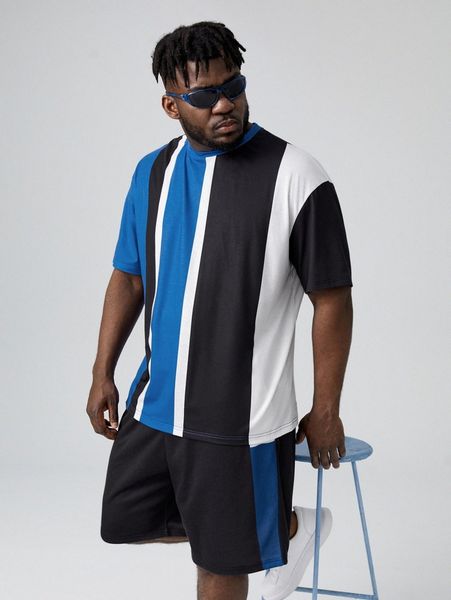 

extended sizes men colorblock drop shoulder tee & shorts set e5ir#, Gray