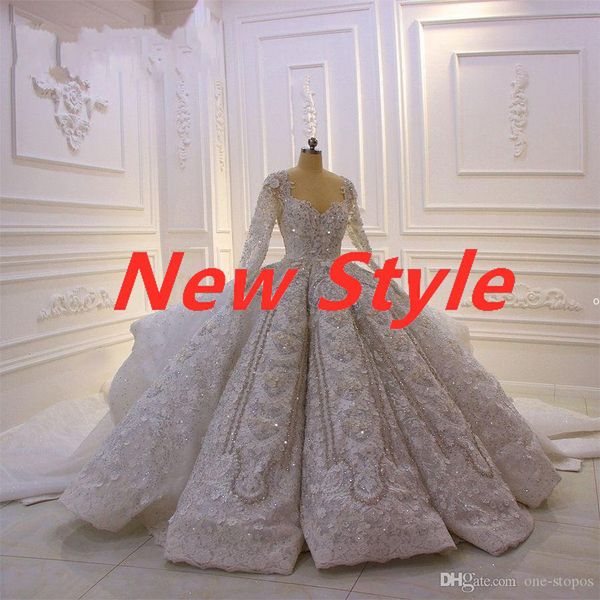 UPS 2021 Ballkleid-Hochzeitskleid mit Vintage-Pailletten und Spitzenapplikationen, glitzerndes Luxus-Langarmkleid, Saudi-Dubai-Arabisch, Plus-Size-Brida