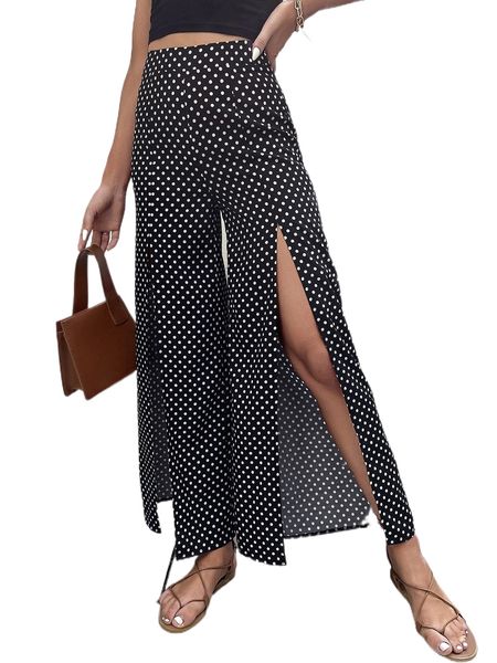 

polka dot print split thigh pants v1co#, Black;white