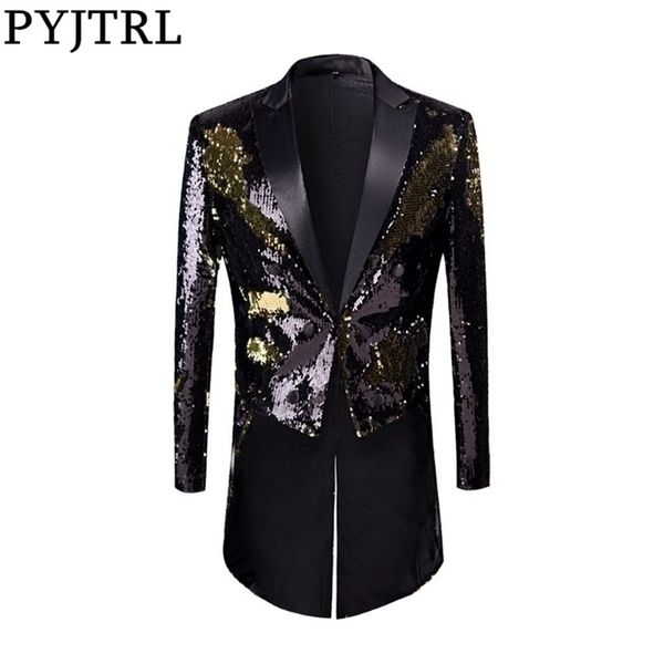 Pyjtrl Full Pulins Serisi Erkek Moda Altın Siyah Doublecolor Sequins Tailcoat Sahne Şarkıcıları Düğün Damatları Smokin Blazer Coat 201104