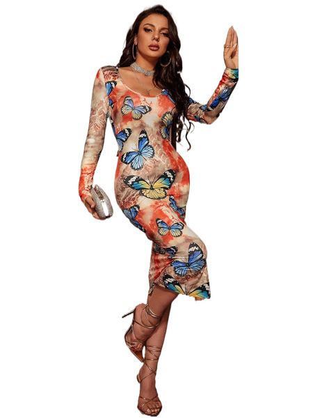 

tie dye butterfly print scoop neck split hem bodycon dress k31n#, Black;gray