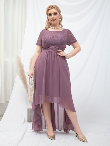 

plus contrast lace high low hem chiffon formal dress 66xg#, Black