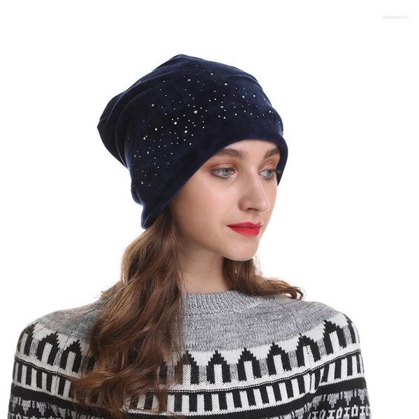 Шапочка/кепки Черепа бренд женский вариант стразаязания Slouchy Beanie Hat Casual Осенняя зимняя бархат для женщин Bonnet Женский череп Beanies Delm22