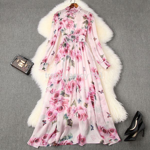 

casual dresses spring women's wear nail bead fungus edge pull waist super fairy holiday dress rose print dress t10584, Black;gray