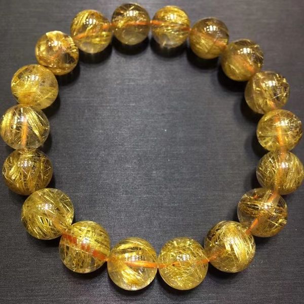 

11mm natural gold rutilated quartz crystal bracelet clear round beads women men jewelry brazil aaaaa, Silver