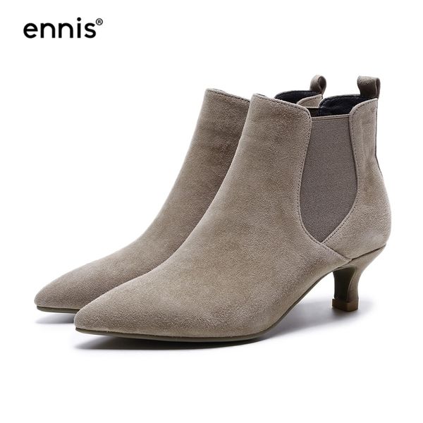 Ennis European NOVO Design camurça Sapatos femininos apontados de pé elegante fêmea bootas de tornozelo pequenas botas de couro genuínas A786 Y200115