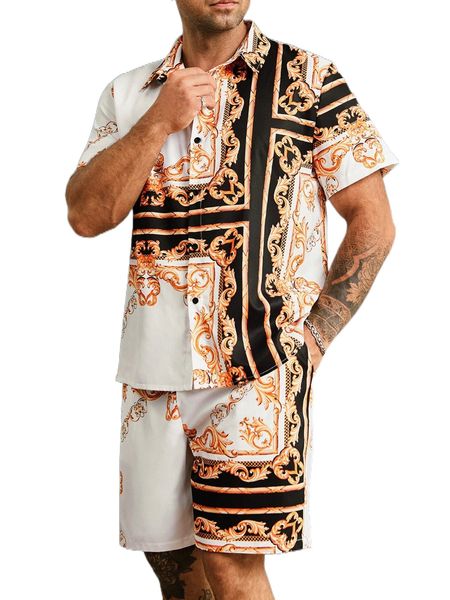 

extended sizes men baroque print shirt with drawstring waist shorts p16r#, Gray