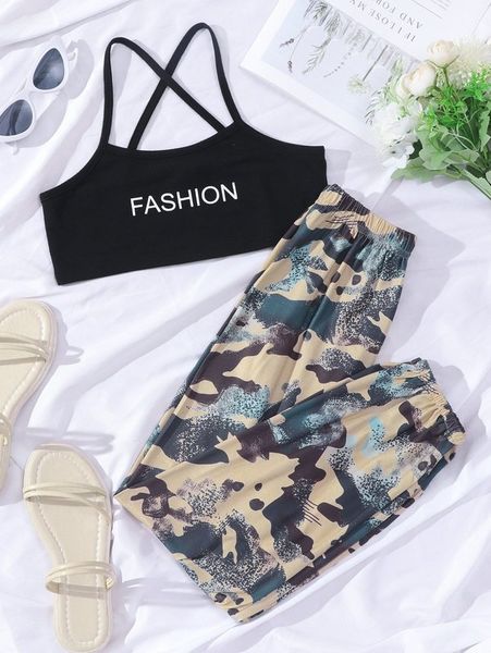 

girls letter graphic cami & camo print pants she, White