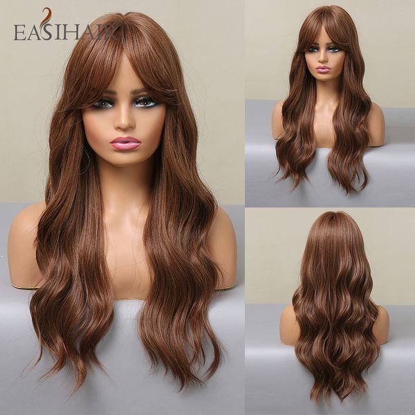 

lx brand wavy chestnut brown synthetic wigs with long bangs women natural hair wig high temperature fiber heat resistant wigfactory direct, Black