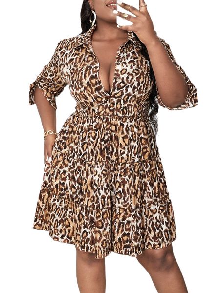 

sxy plus leopard print frill trim roll up sleeve ruffle hem dress s2z4#, Black