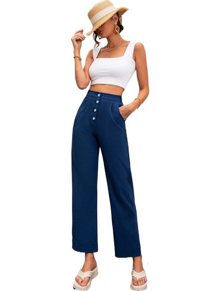 

button front slant pocket high waist pants i4f8#, Black;white