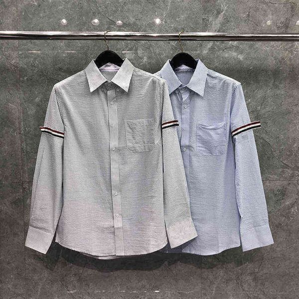 

tb thom men's shirts spring rwb ribbon armband vertical stripe blouse korean style fashion long sleeve cotton women's shirts, White;black