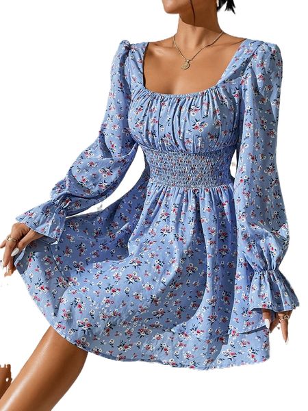 

ditsy floral print shirred flounce sleeve dress c1hw#, Black;gray