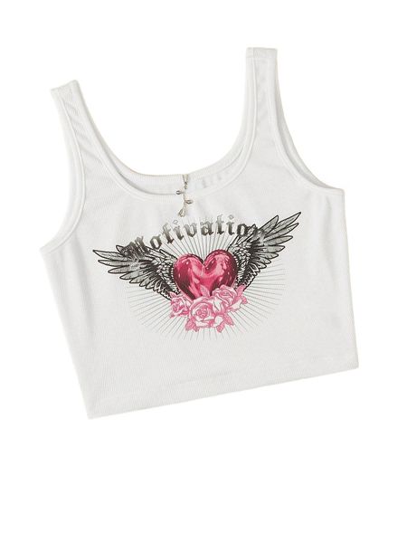 

letter & floral print crop tank k7gu#, White