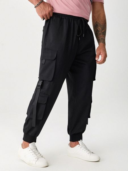 

extended sizes men flap pocket drawstring waist cargo pants y9zs#, Black
