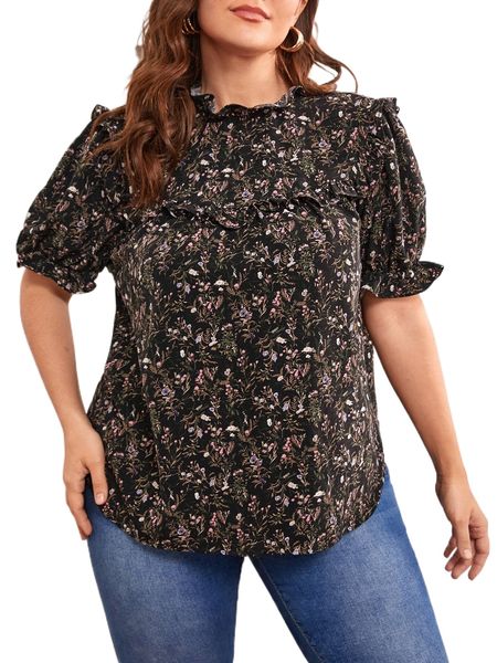 

plus floral print frill trim blouse v9yz#, Black