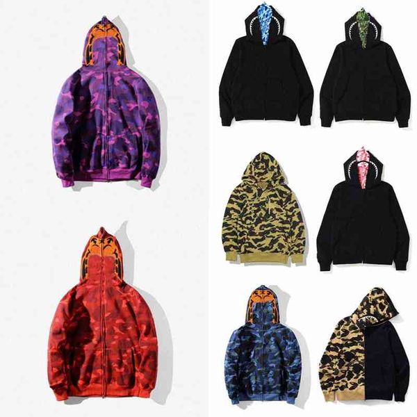 

casual men zip-front shark hoodie camouflage print batching sweatshirt cardigan hoodies hip hop letters long sleeve plush mens womens coats, Black