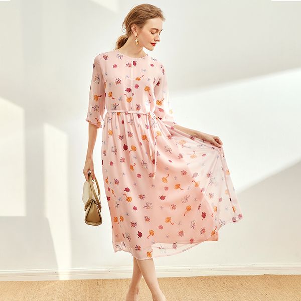 

double lined mulberry silk dress women's summer pink floral slim dress, Black;gray