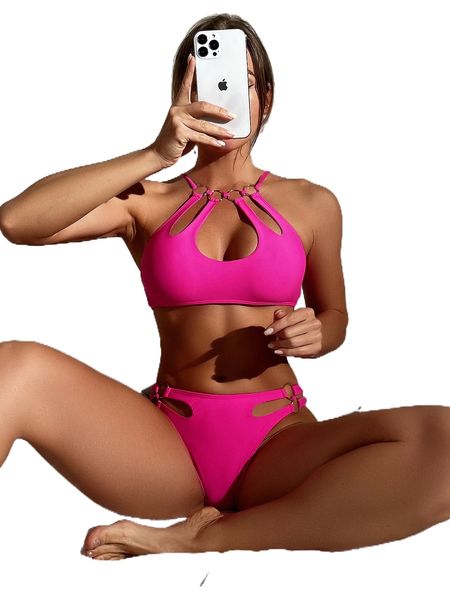 

plain cut-out ring linked bikini swimsuit e1xq#, White;black