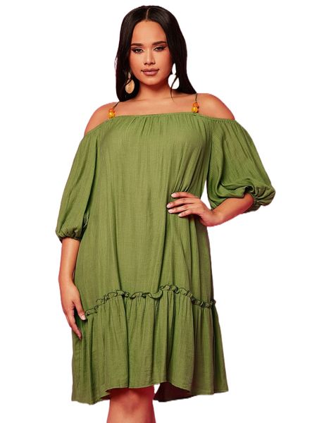 

plus cold shoulder puff sleeve frill trim smock dress i2ag#, Black