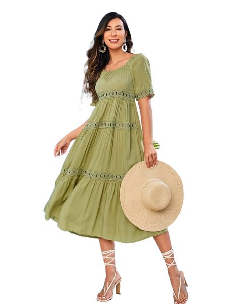 

eyelet lace ruffle hem dress b1jv#, Black;gray