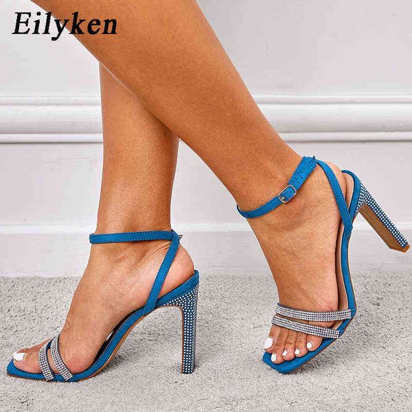 Sandals Eilyken Gladiador Verão Aberto Toe Sandálias Moda Moda Azul Ankle Fivela Cristal Feminino Salto Alto Saltos Sapatos 220318