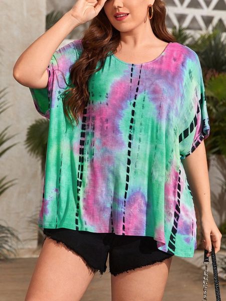 

plus tie dye batwing sleeve tee r5hw#, Black