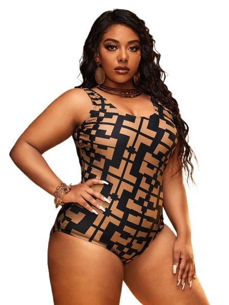 

plus geo print one piece swimsuit d6kc#, White;black