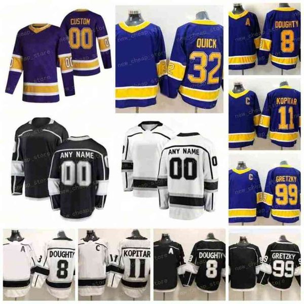 Benutzerdefinierte Reverse Retro Eishockey 22 Kevin Fiala 8 Drew Doughty Trikot 11 Anze Kopitar 32 Jonathan Quick 99 Wayne Gretzky Blank Weiß Schwarz Lila Teamfarbe genäht