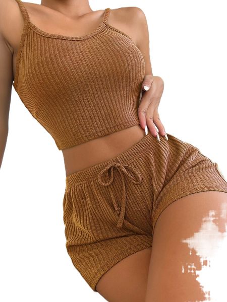 

ribbed knit cami & tie waist shorts lounge set d6o6#, Black;red