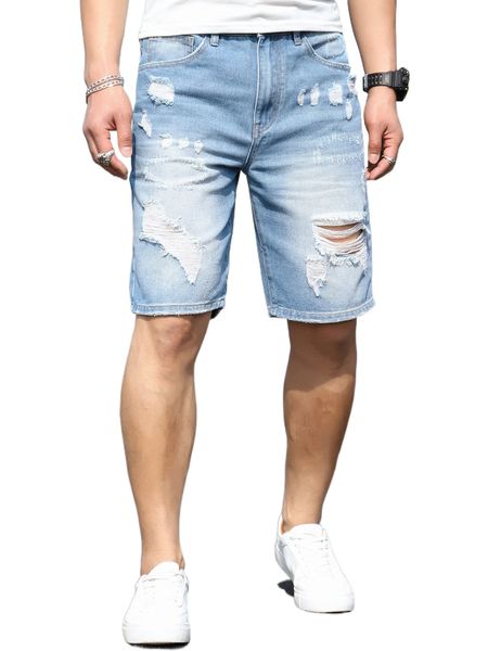 

men ripped slant pocket denim shorts j91a#, White;black