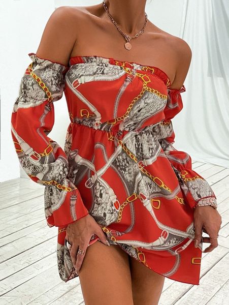 

chain & snakeskin print off shoulder dress e9vt#, Black;gray