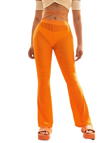 

neon orange crisscross tie back sheer mesh pants without panty z8yw#, Black;white
