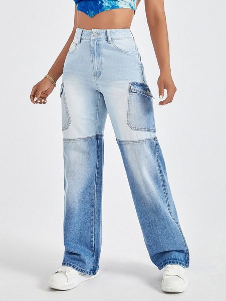 

two tone flap pocket cargo jeans i2ml#, Blue