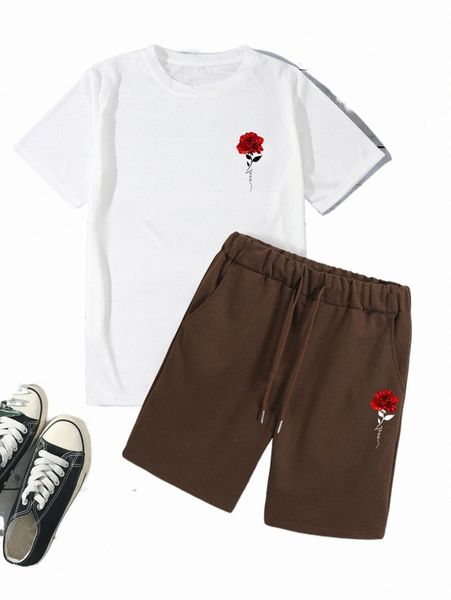 

men rose print tee & drawstring waist shorts b3ko#, Gray