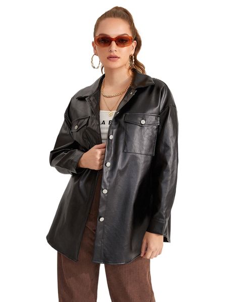 

pu leather flap pocket button through jacket k1tn#, Black