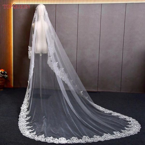 Kopfbedeckungen V68 Brautschleier Langer Kathedralenstil Spanischer Mantilla-Spitzenbesatz Hochzeitsschleier Zubehör 3M Weiß VeuHeadpieces