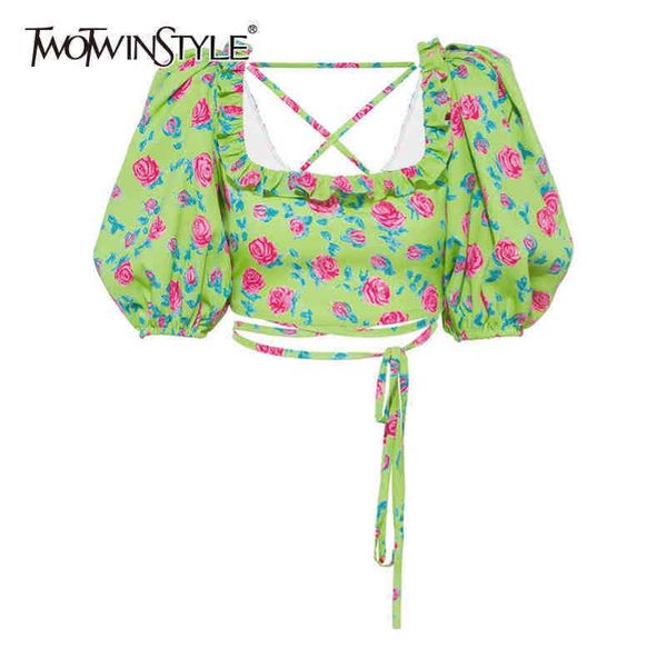 

backless print floral shirt for women square collar short sleeve lace up slim blouse female fashion 210423, White