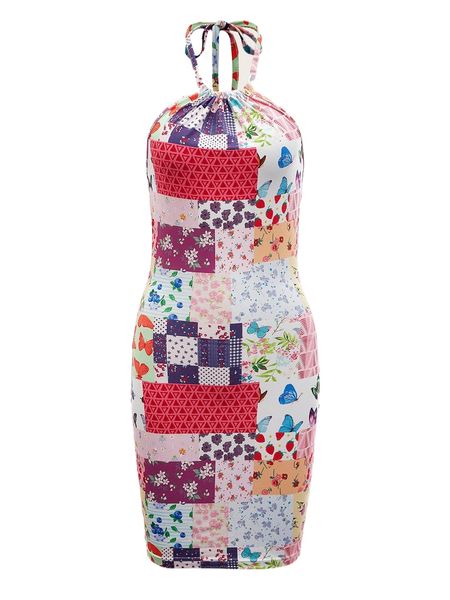 

p.atchwork print t.ie b.ack h.alter d.ress a34c#, Black;gray