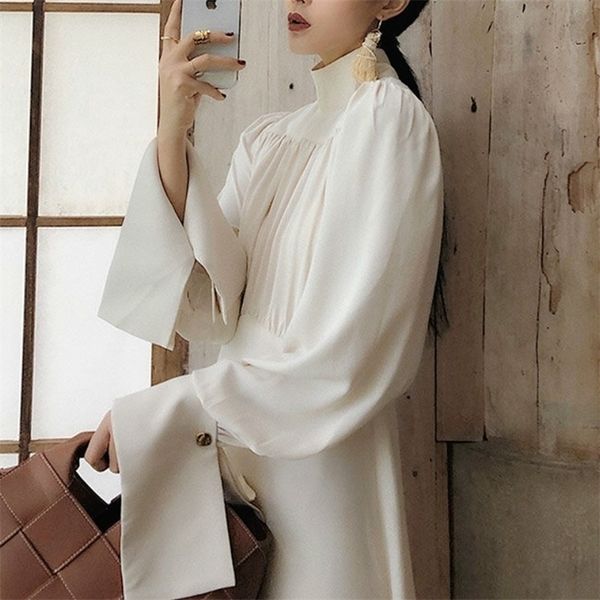 

white elegant dress women autumn turtlneck vintage retro dress female casual korean onepiece dress fall women clothing 210303, Black;gray